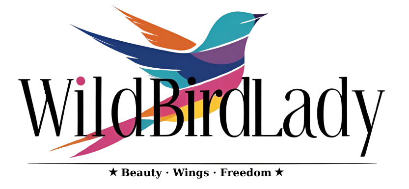 WildBirdLady logo featuring a colorful flying bird with elegant serif typography